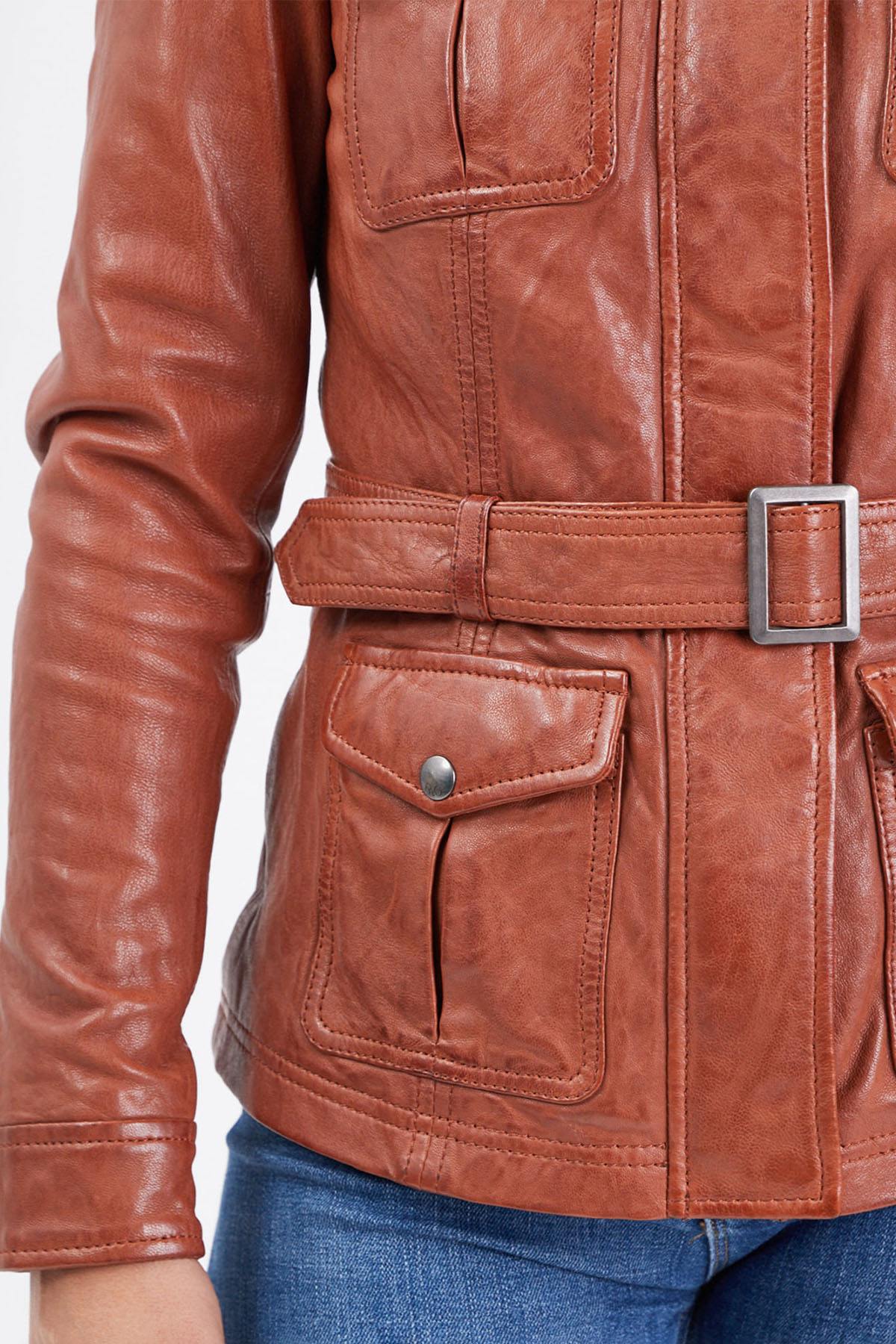 Women's mid-length cognac leather jacket - Image n°2