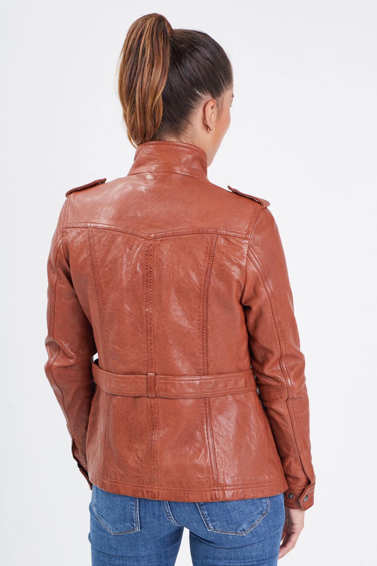 Women's mid-length cognac leather jacket - Image n°5