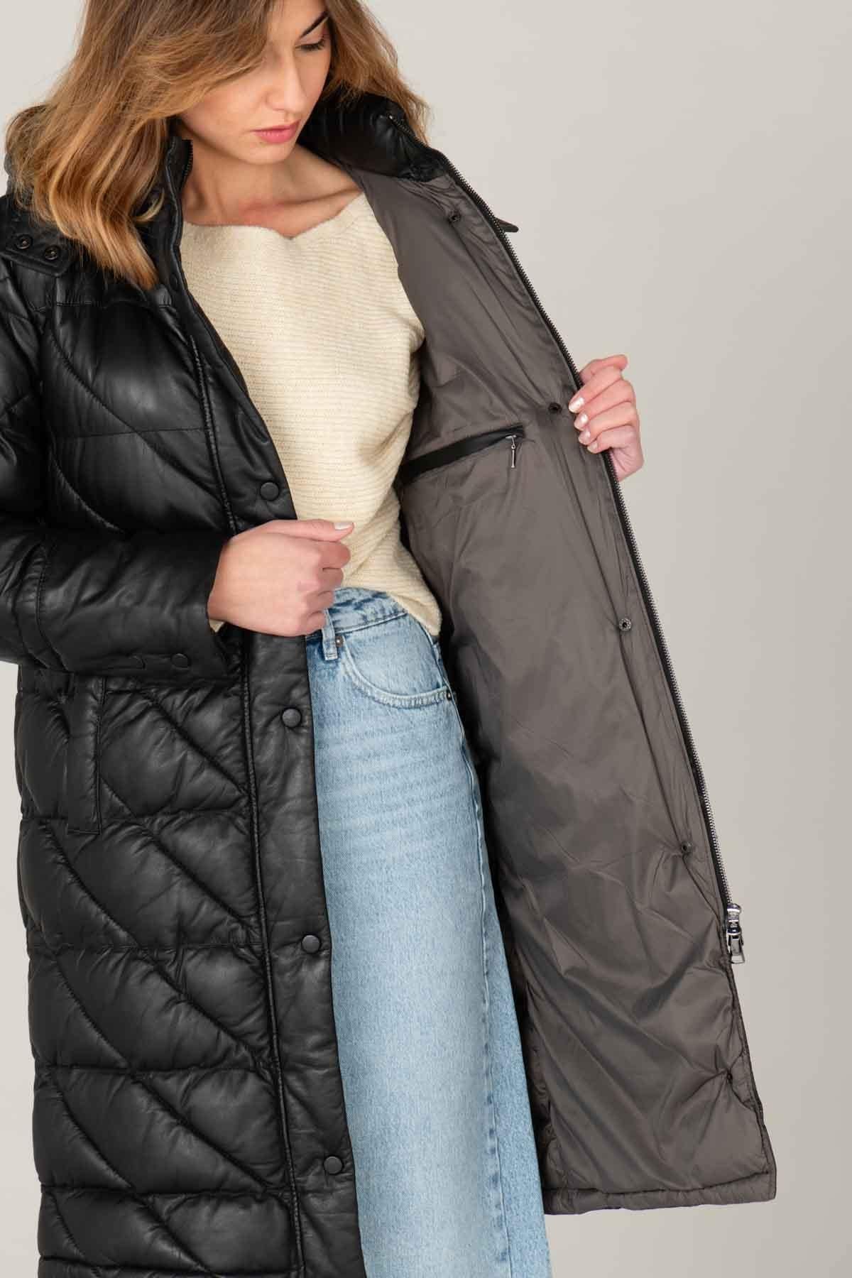 Long black leather down jacket for women - Image n°6