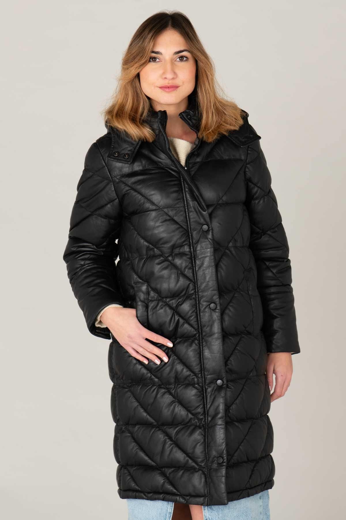 Long black leather down jacket for women - Image n°1