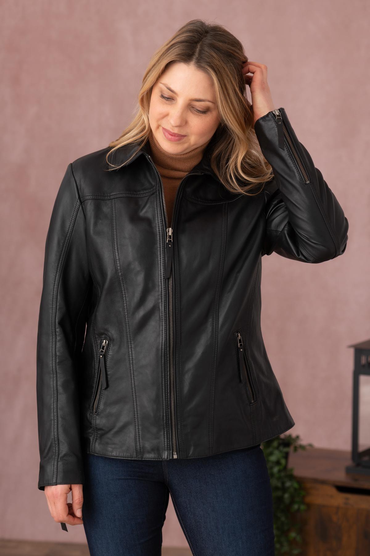 Black leather jacket with shirt collar - Image n°7