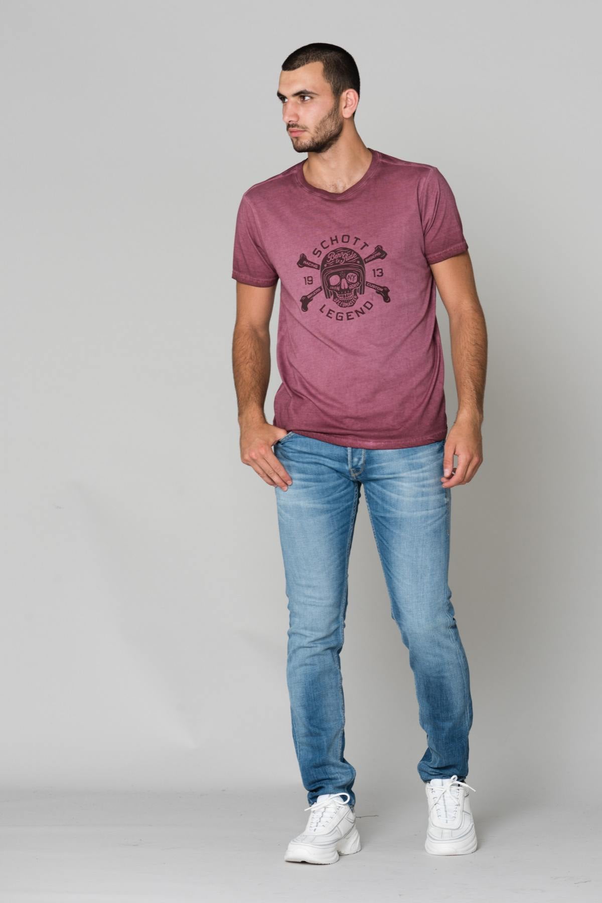 Schott men's burgundy t-shirt with skull - Image n°2