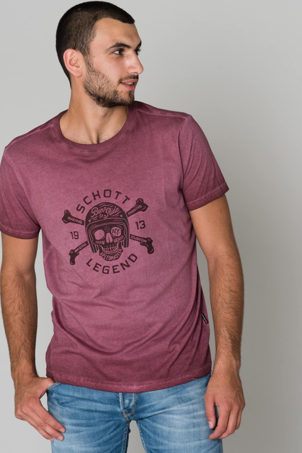 Schott men's burgundy t-shirt with skull - Image n°1